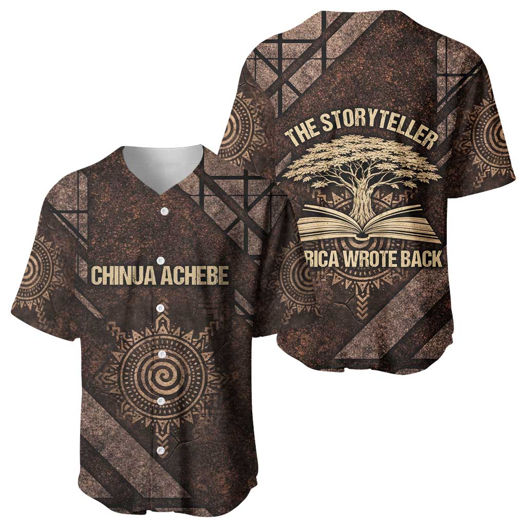 Chinua Achebe Baseball Jersey with Tribal Symbol Design, The Storyteller Quote and Africa Wrote Back - Wonder Print Shop