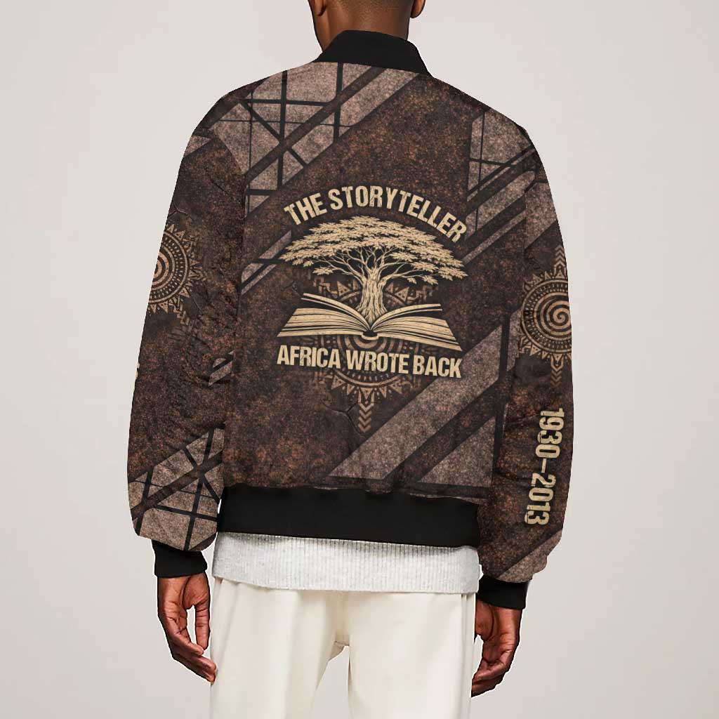 Chinua Achebe Bomber Jacket with Tribal Symbol Design, The Storyteller Quote and Africa Wrote Back - Wonder Print Shop