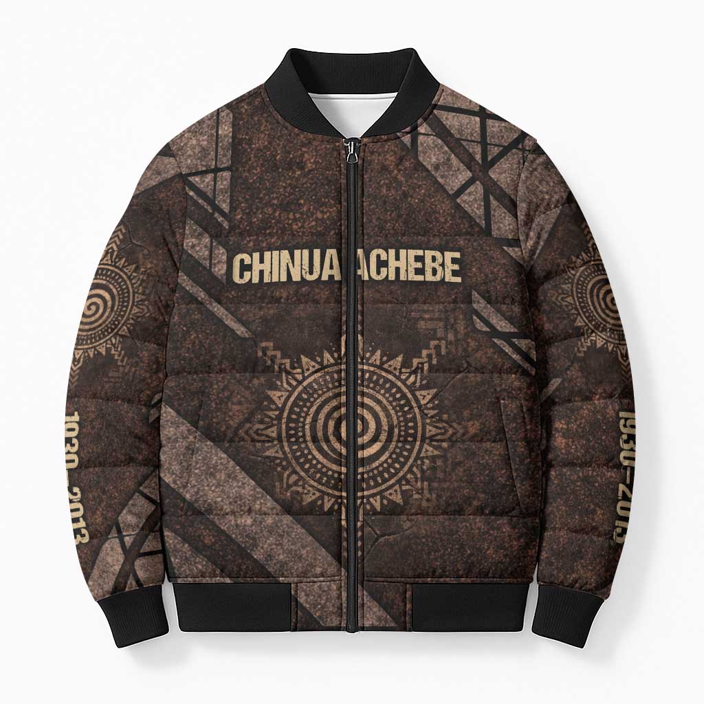 Chinua Achebe Bomber Puffer Jacket with Tribal Symbol Design, The Storyteller Quote and Africa Wrote Back - Wonder Print Shop