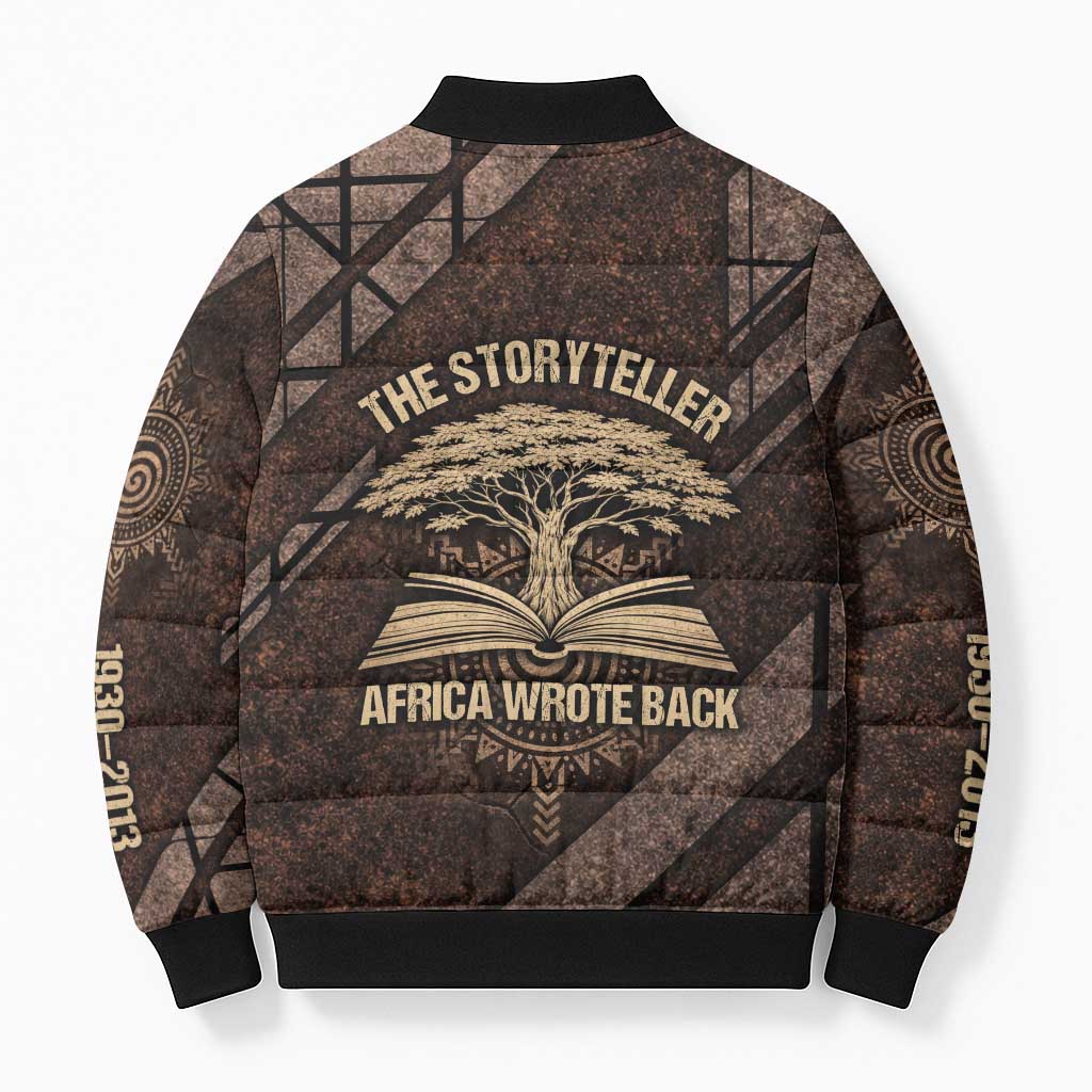 Chinua Achebe Bomber Puffer Jacket with Tribal Symbol Design, The Storyteller Quote and Africa Wrote Back - Wonder Print Shop