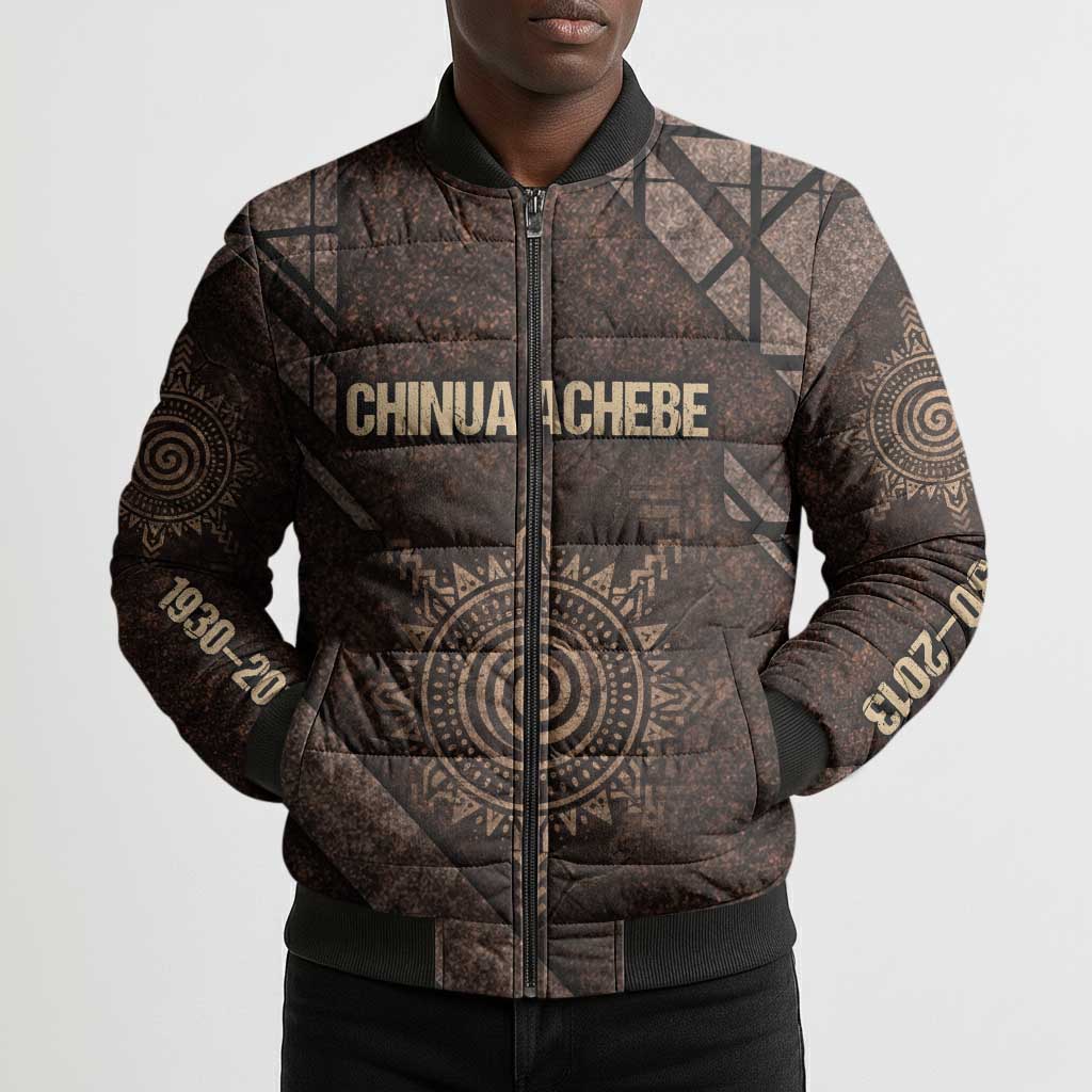 Chinua Achebe Bomber Puffer Jacket with Tribal Symbol Design, The Storyteller Quote and Africa Wrote Back - Wonder Print Shop