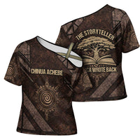 Chinua Achebe Cross Shoulder Shirt with Tribal Symbol Design, The Storyteller Quote and Africa Wrote Back - Wonder Print Shop