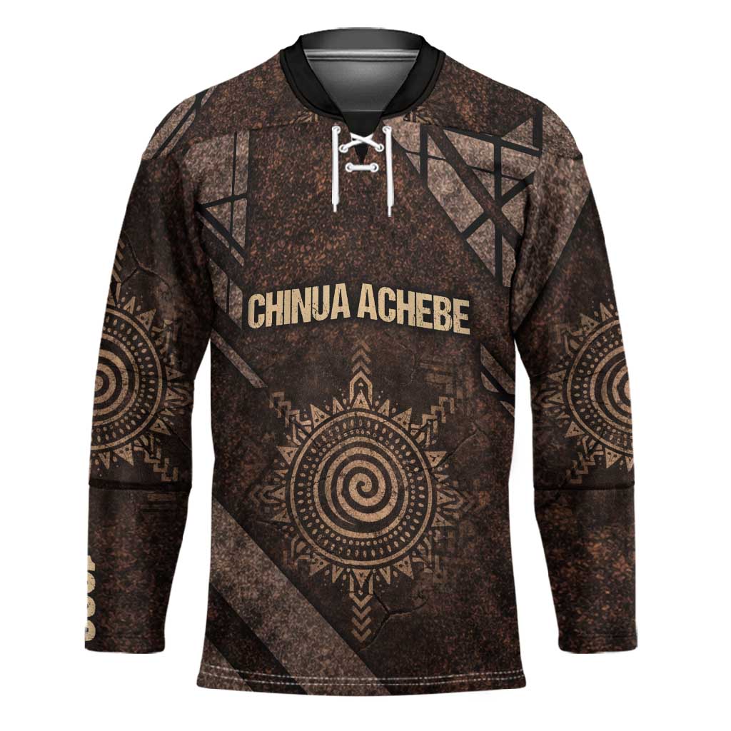 Chinua Achebe Hockey Jersey with Tribal Symbol Design, The Storyteller Quote and Africa Wrote Back - Wonder Print Shop