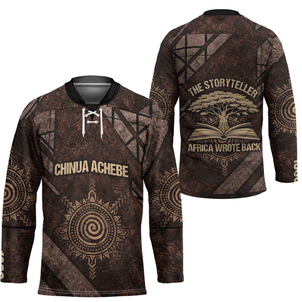 Chinua Achebe Hockey Jersey with Tribal Symbol Design, The Storyteller Quote and Africa Wrote Back - Wonder Print Shop