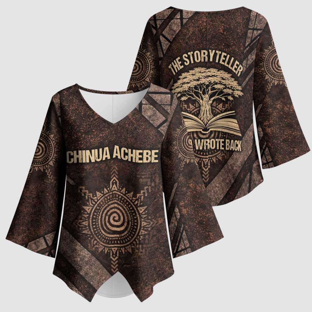 Chinua Achebe Kimono Sleeve Blouse with Tribal Symbol Design, The Storyteller Quote and Africa Wrote Back - Wonder Print Shop