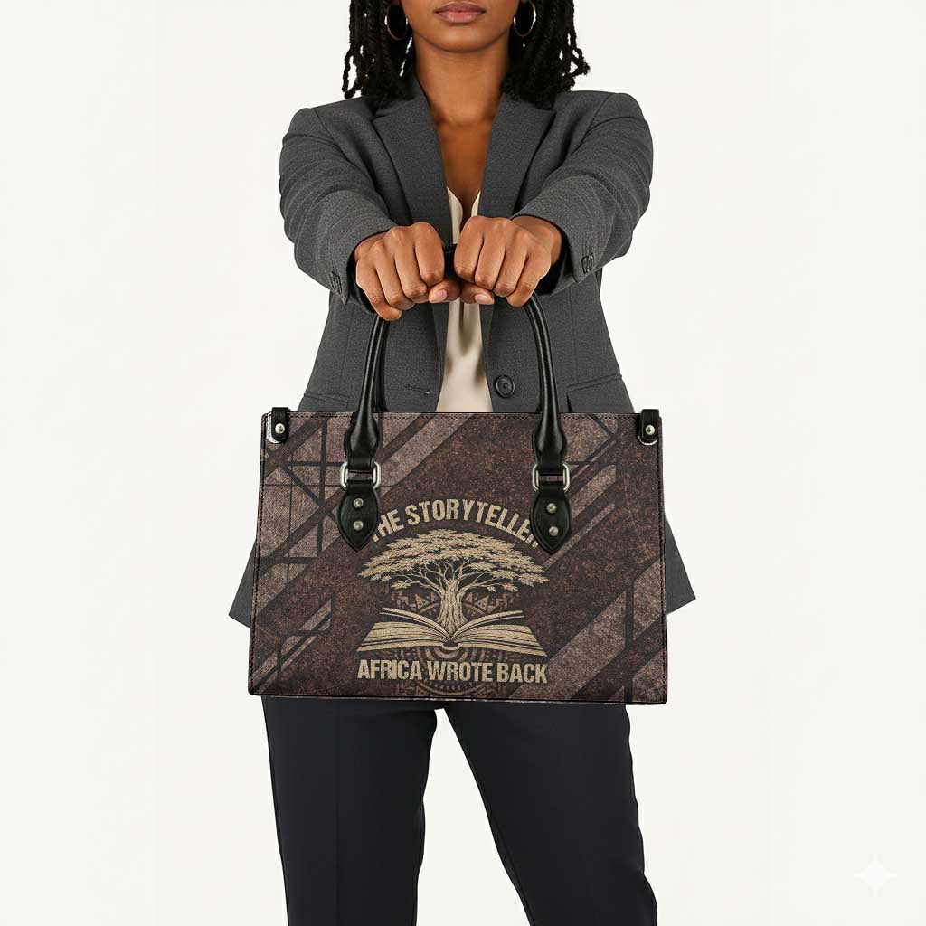Chinua Achebe Leather Bag with Tribal Symbol Design, The Storyteller Quote and Africa Wrote Back - Wonder Print Shop