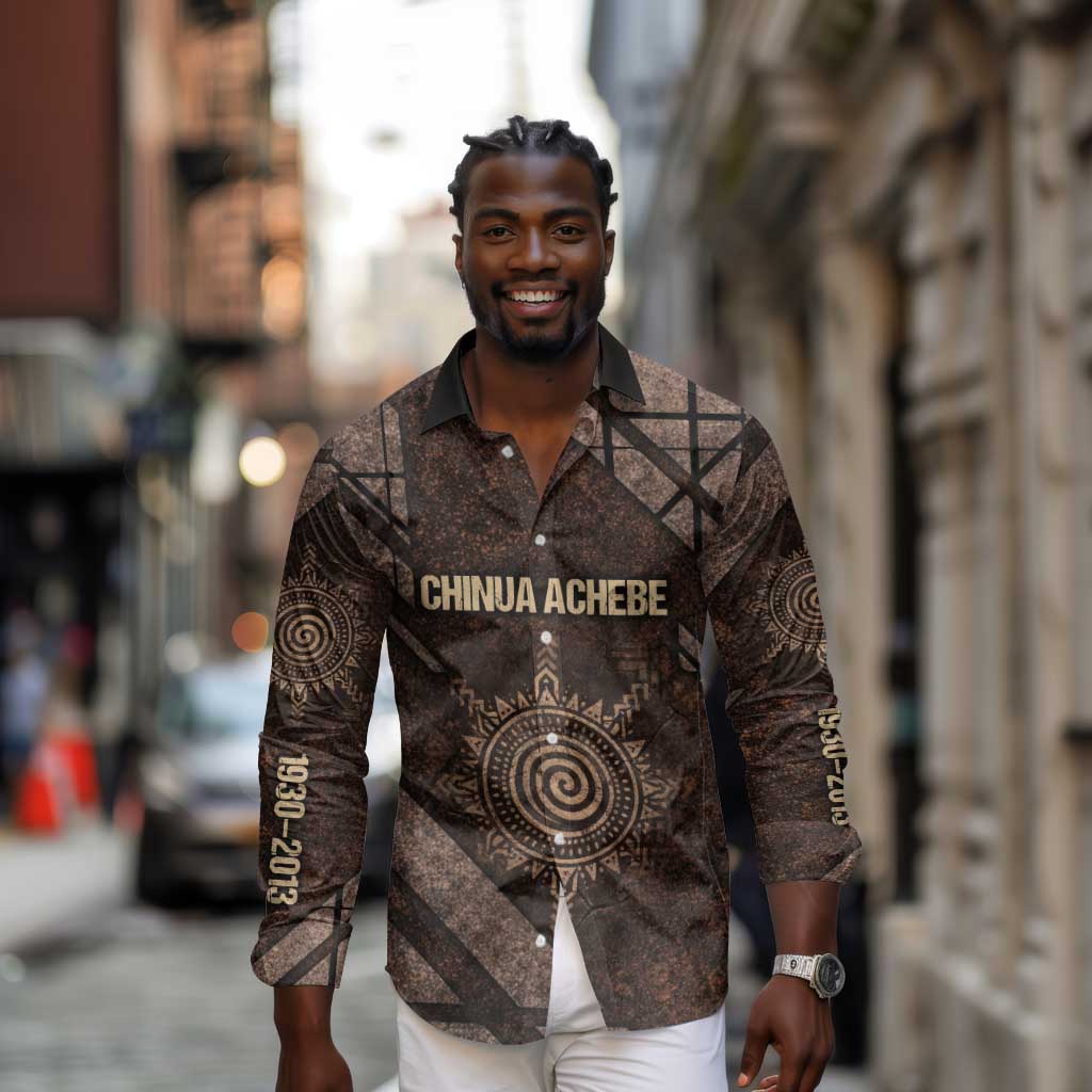 Chinua Achebe Long Sleeve Button Shirt with Tribal Symbol Design, The Storyteller Quote and Africa Wrote Back - Wonder Print Shop