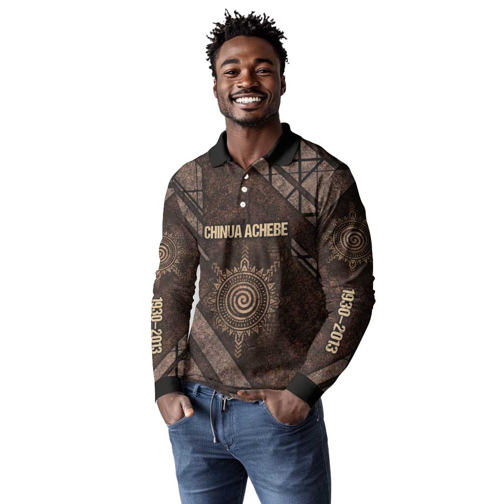 Chinua Achebe Long Sleeve Polo Shirt with Tribal Symbol Design, The Storyteller Quote and Africa Wrote Back - Wonder Print Shop