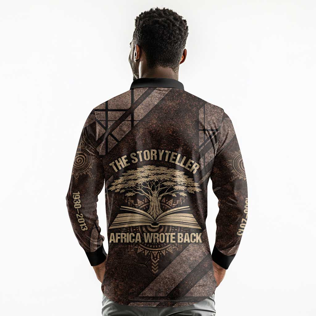Chinua Achebe Long Sleeve Polo Shirt with Tribal Symbol Design, The Storyteller Quote and Africa Wrote Back - Wonder Print Shop