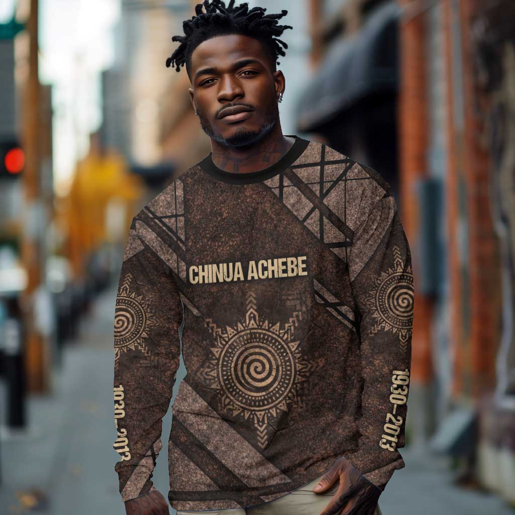 Chinua Achebe Long Sleeve Shirt with Tribal Symbol Design, The Storyteller Quote and Africa Wrote Back - Wonder Print Shop