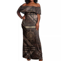 Chinua Achebe Off Shoulder Maxi Dress with Tribal Symbol Design, The Storyteller Quote and Africa Wrote Back - Wonder Print Shop