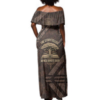 Chinua Achebe Off Shoulder Maxi Dress with Tribal Symbol Design, The Storyteller Quote and Africa Wrote Back - Wonder Print Shop