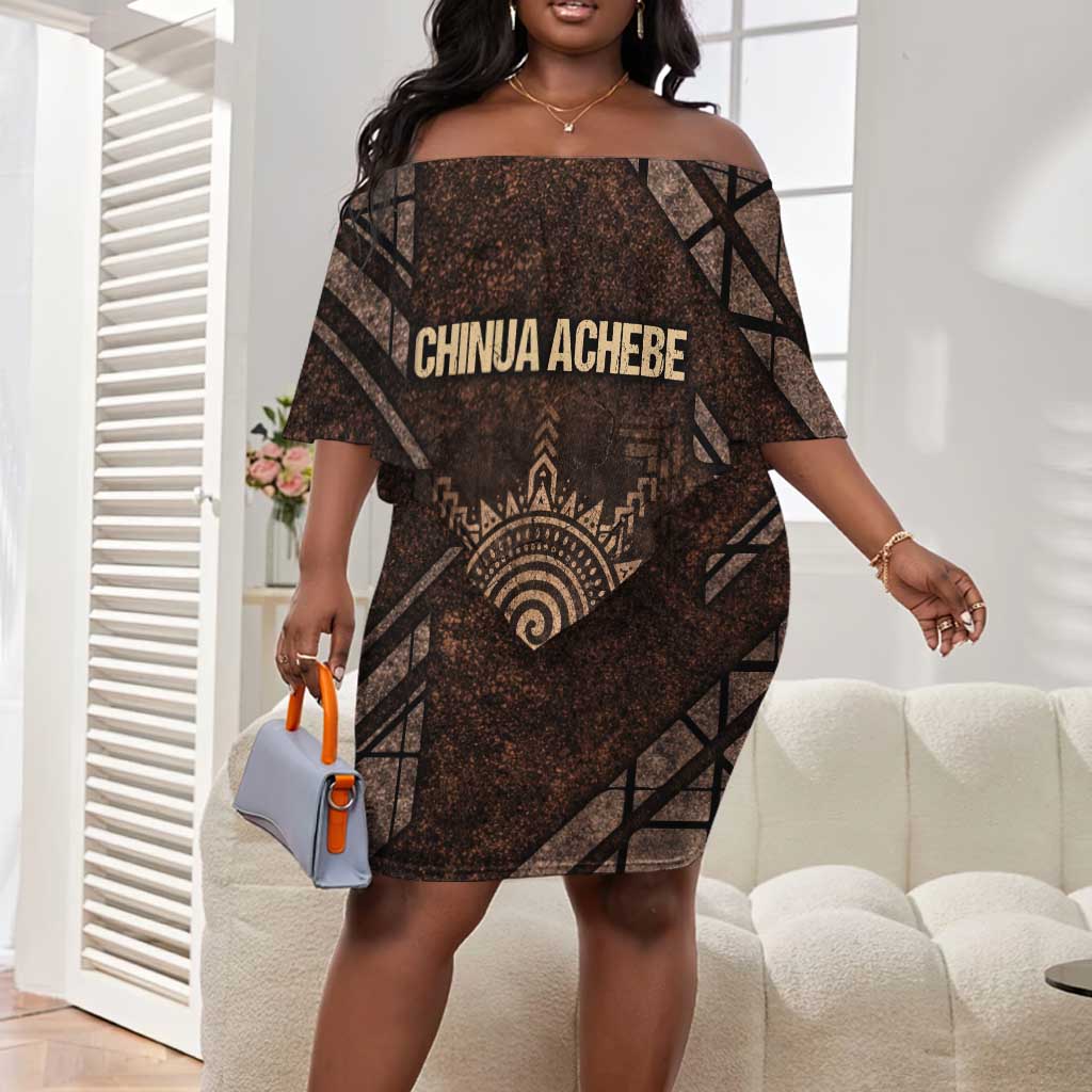 Chinua Achebe Off Shoulder Short Dress with Tribal Symbol Design, The Storyteller Quote and Africa Wrote Back - Wonder Print Shop