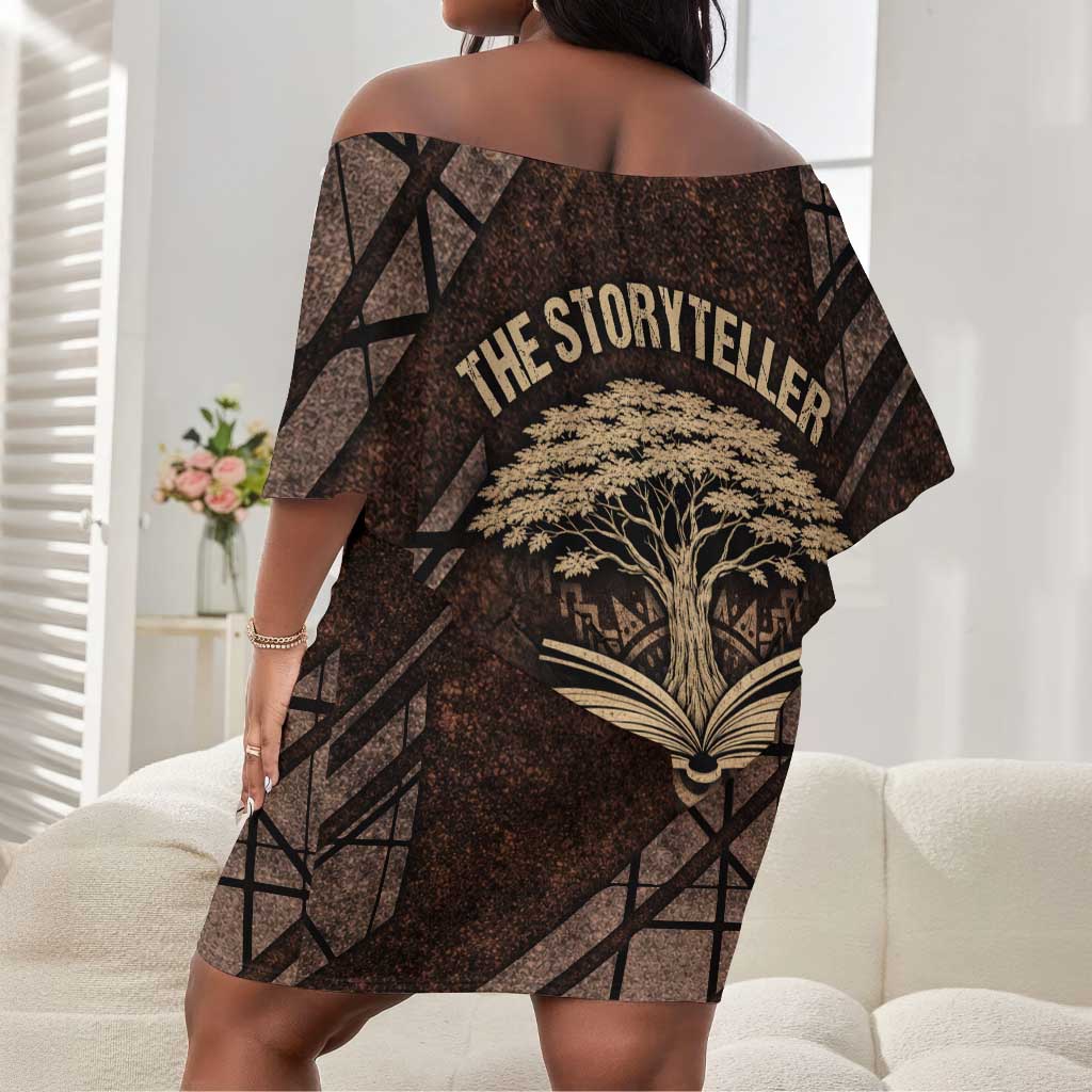 Chinua Achebe Off Shoulder Short Dress with Tribal Symbol Design, The Storyteller Quote and Africa Wrote Back - Wonder Print Shop