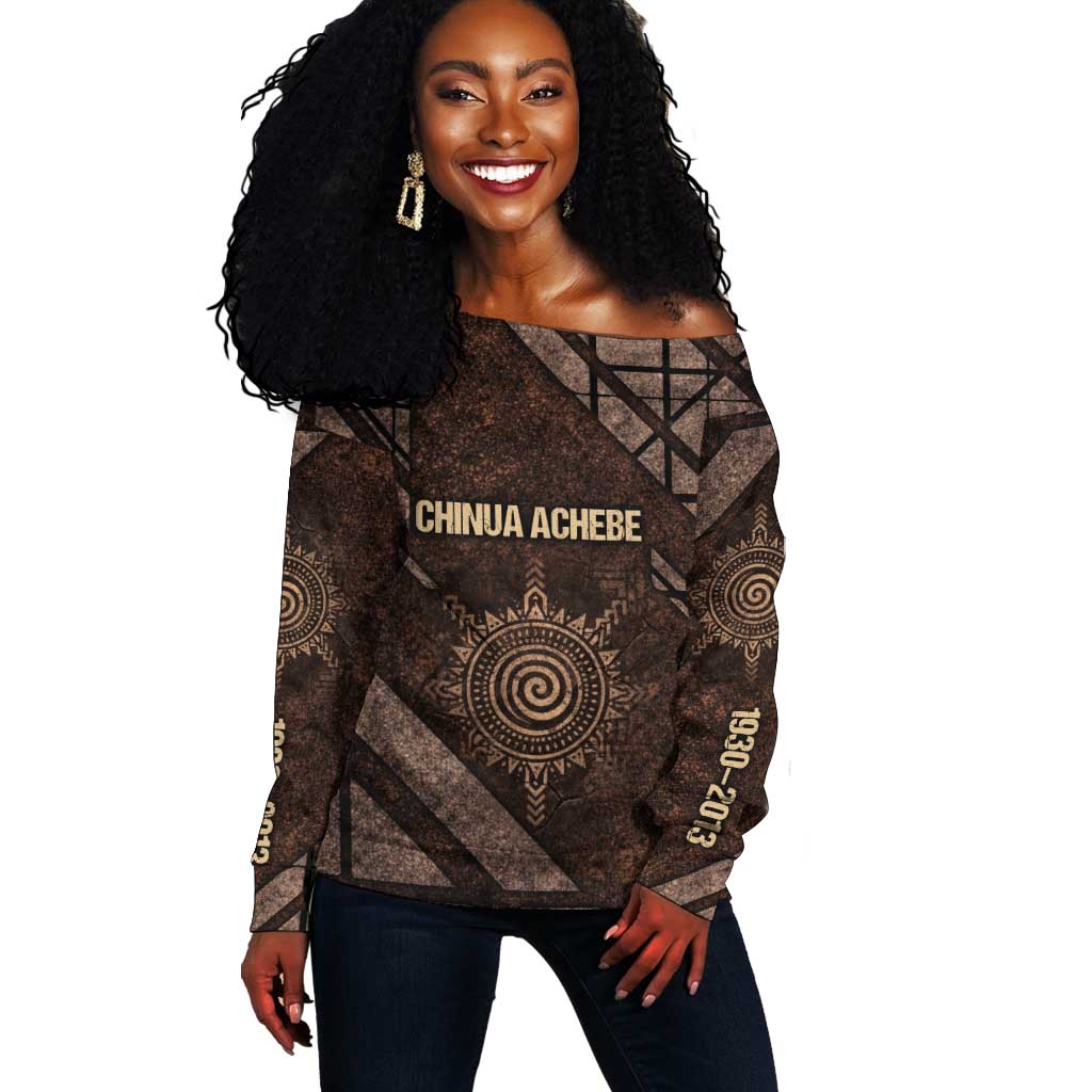 Chinua Achebe Off Shoulder Sweater with Tribal Symbol Design, The Storyteller Quote and Africa Wrote Back - Wonder Print Shop