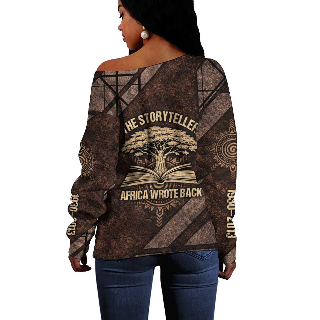 Chinua Achebe Off Shoulder Sweater with Tribal Symbol Design, The Storyteller Quote and Africa Wrote Back - Wonder Print Shop
