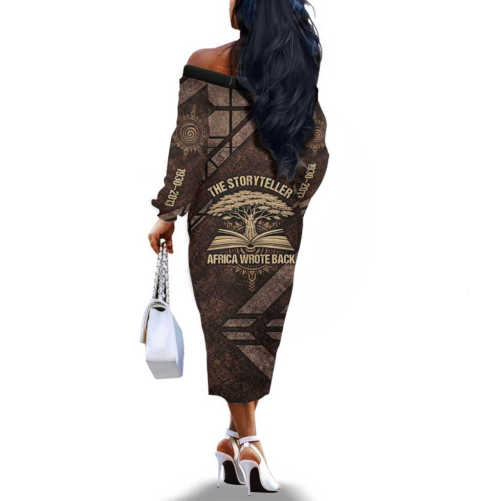 Chinua Achebe Off The Shoulder Long Sleeve Dress with Tribal Symbol Design, The Storyteller Quote and Africa Wrote Back - Wonder Print Shop
