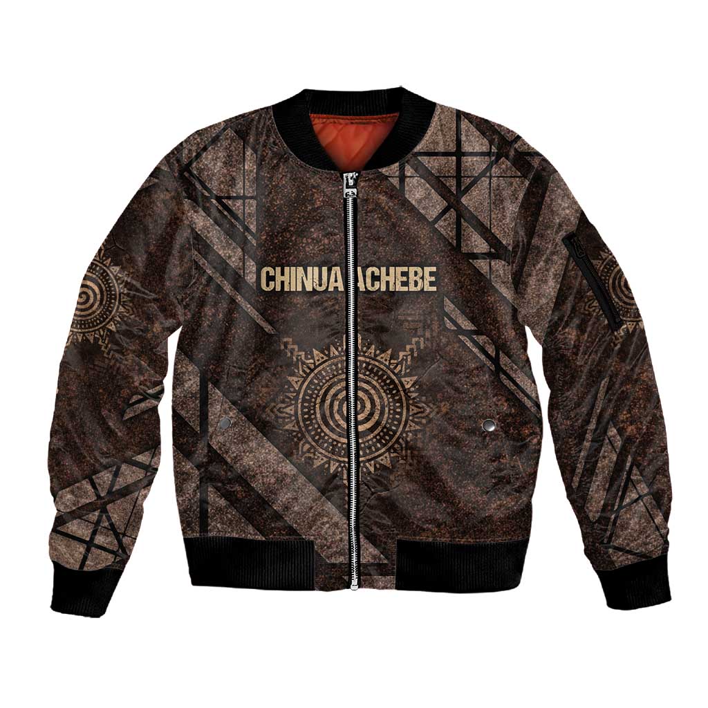 Chinua Achebe Sleeve Zip Bomber Jacket with Tribal Symbol Design, The Storyteller Quote and Africa Wrote Back - Wonder Print Shop