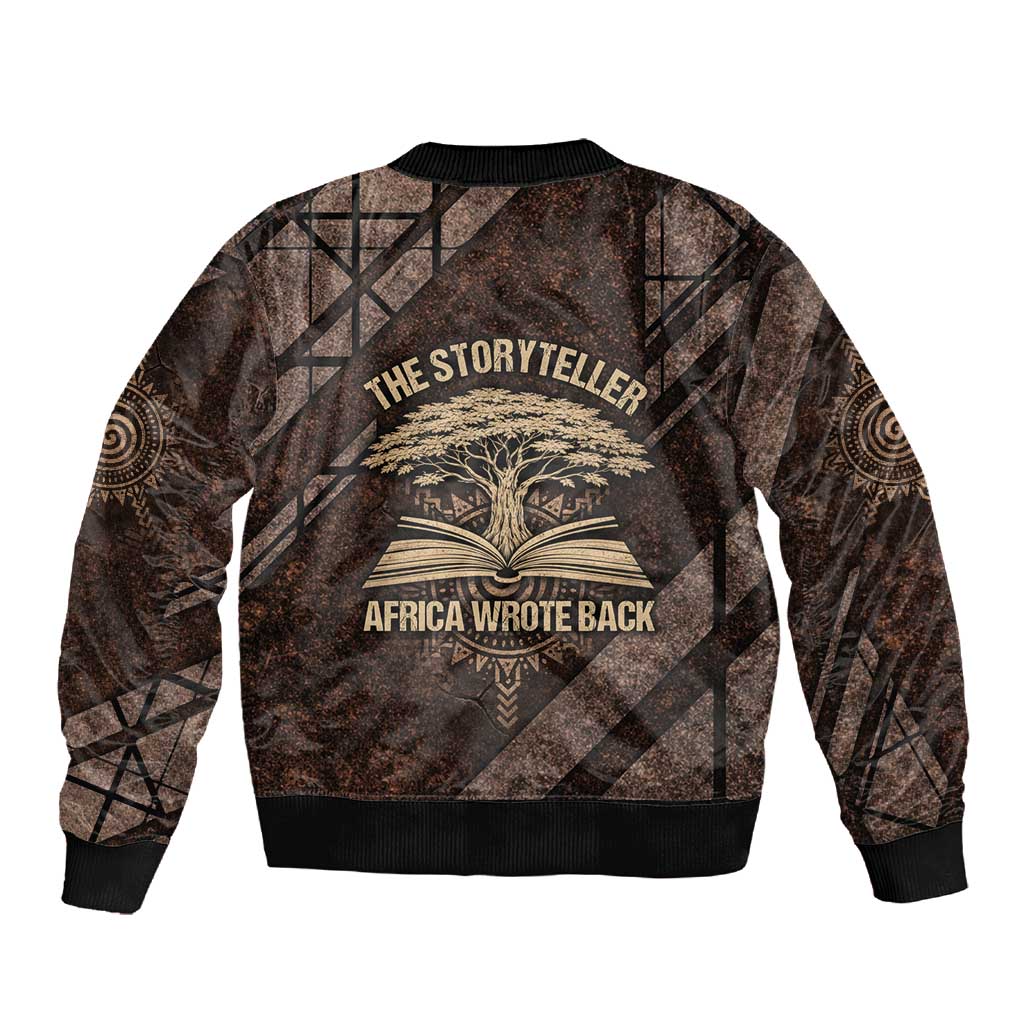 Chinua Achebe Sleeve Zip Bomber Jacket with Tribal Symbol Design, The Storyteller Quote and Africa Wrote Back - Wonder Print Shop