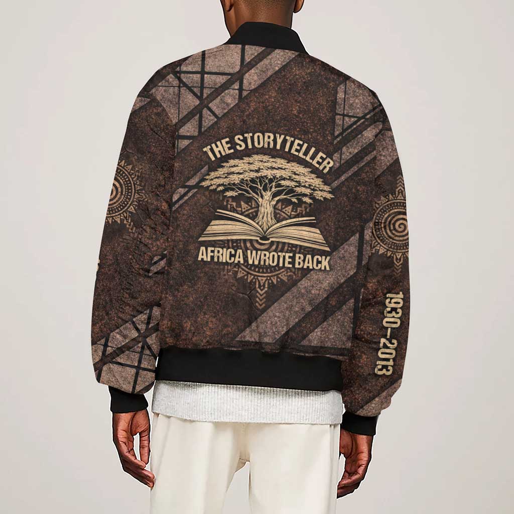 Chinua Achebe Sleeve Zip Bomber Jacket with Tribal Symbol Design, The Storyteller Quote and Africa Wrote Back - Wonder Print Shop