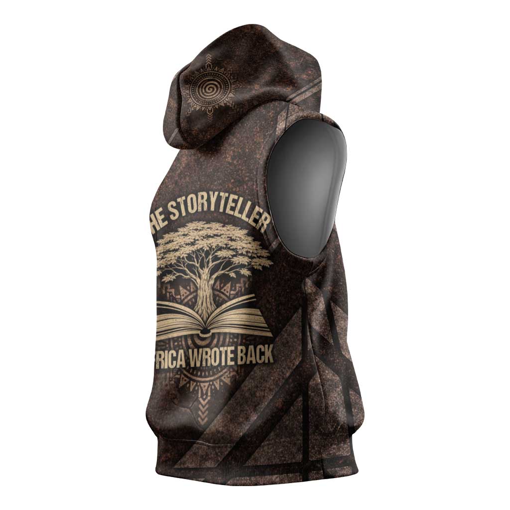 Chinua Achebe Sleeveless Hoodie with Tribal Symbol Design, The Storyteller Quote and Africa Wrote Back - Wonder Print Shop