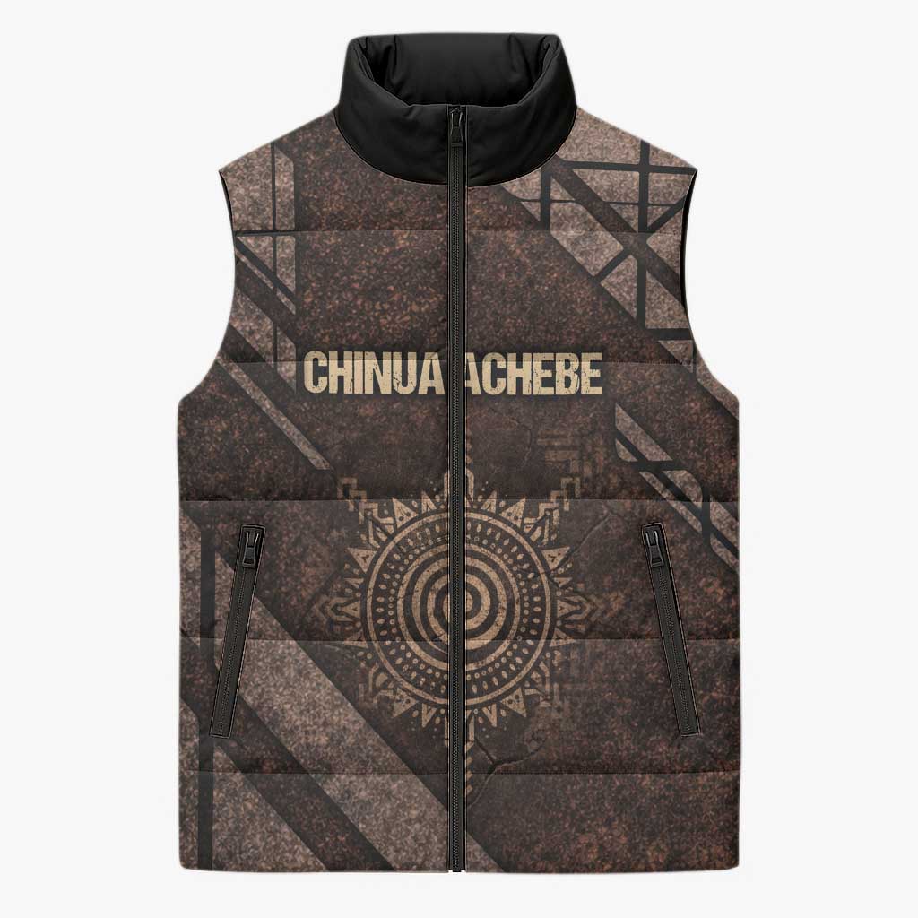 Chinua Achebe Sleeveless Puffer Jacket with Tribal Symbol Design, The Storyteller Quote and Africa Wrote Back - Wonder Print Shop