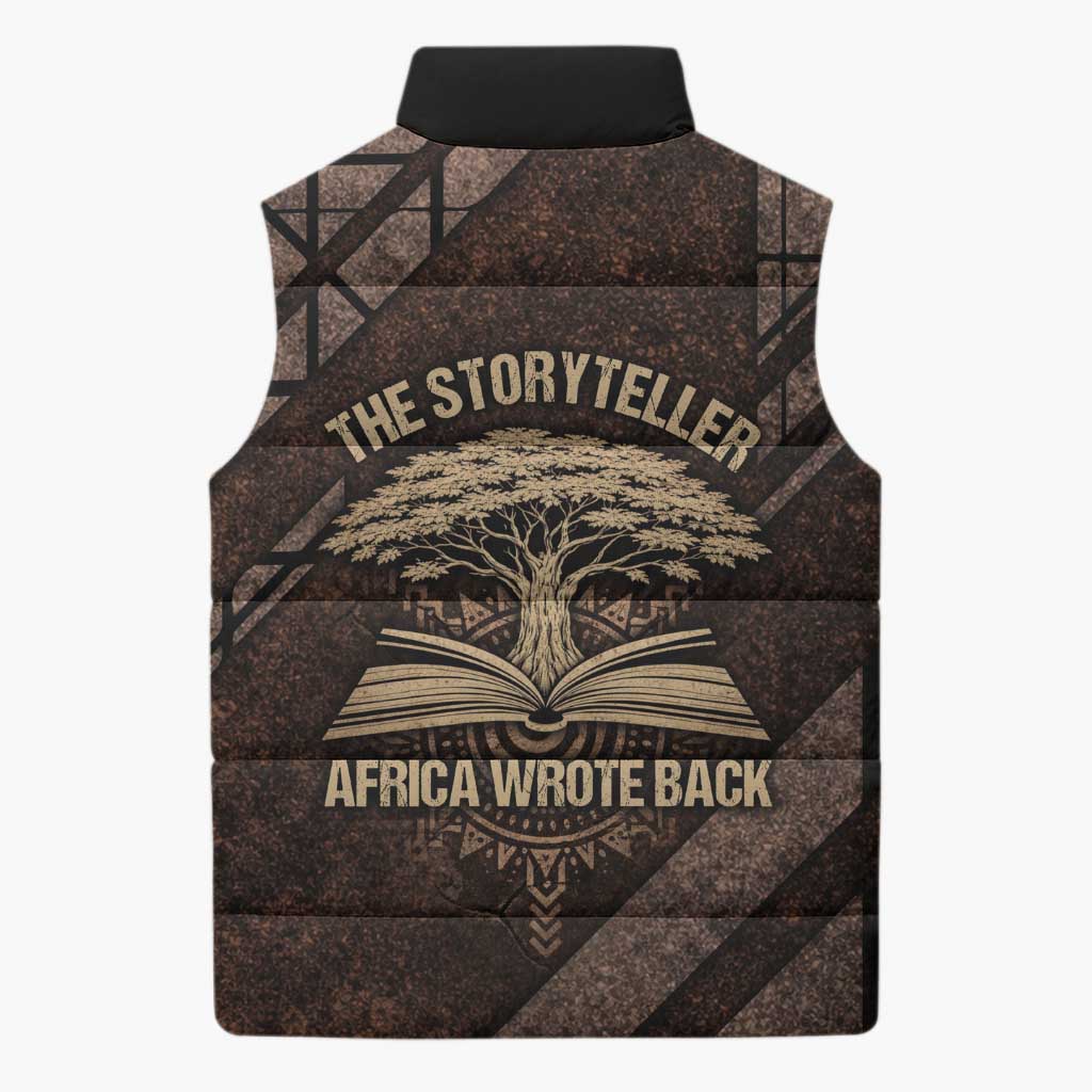 Chinua Achebe Sleeveless Puffer Jacket with Tribal Symbol Design, The Storyteller Quote and Africa Wrote Back - Wonder Print Shop