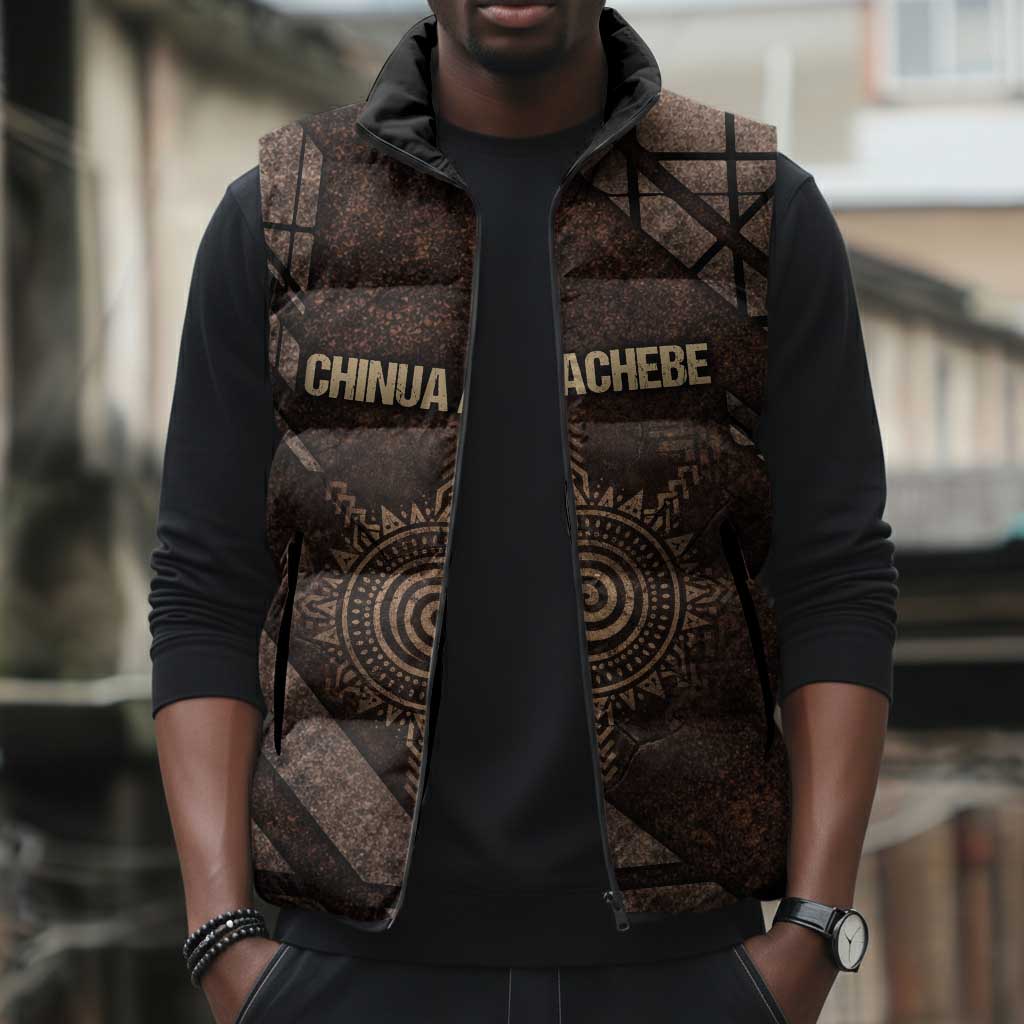 Chinua Achebe Sleeveless Puffer Jacket with Tribal Symbol Design, The Storyteller Quote and Africa Wrote Back - Wonder Print Shop
