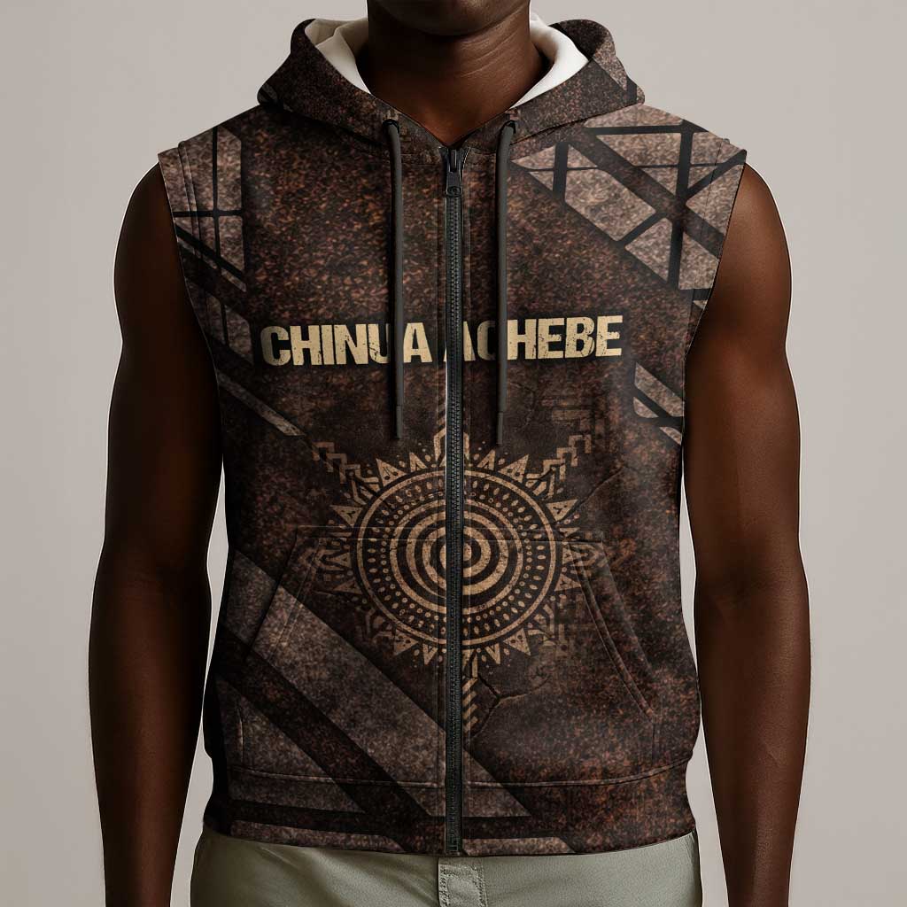 Chinua Achebe Sleeveless Zip Hoodie with Tribal Symbol Design, The Storyteller Quote and Africa Wrote Back - Wonder Print Shop