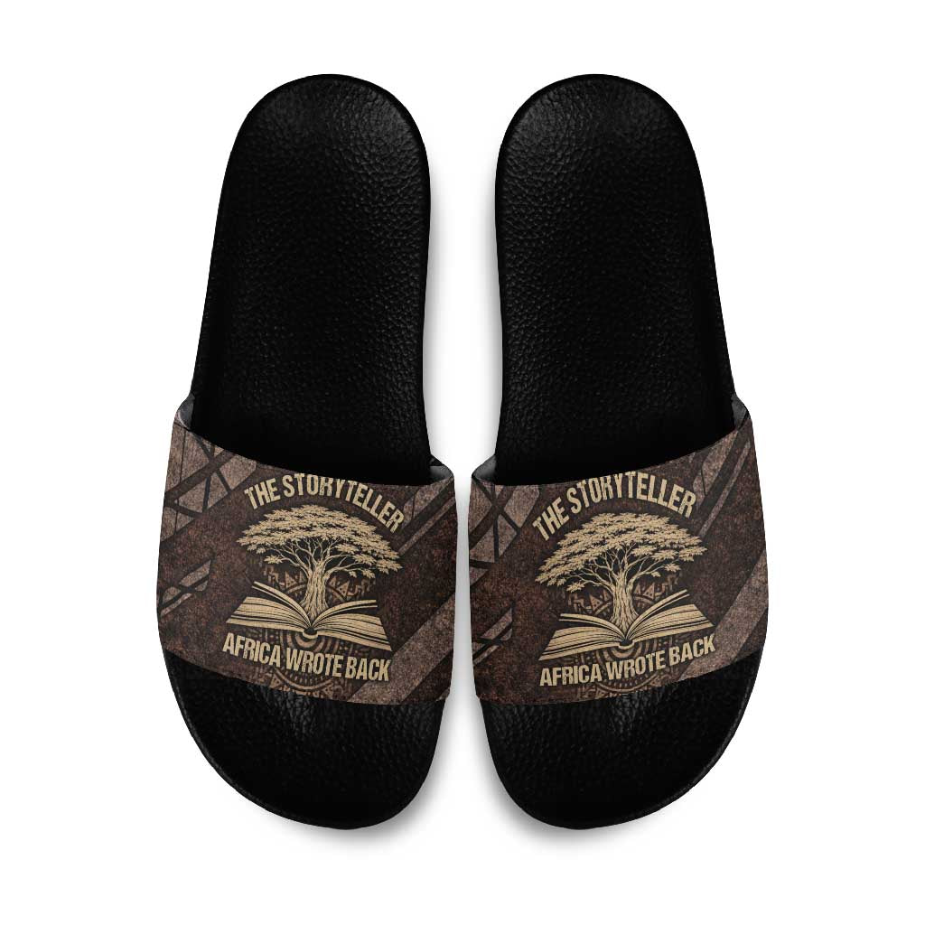 Chinua Achebe Slide Sandals with Tribal Symbol Design, The Storyteller Quote and Africa Wrote Back - Wonder Print Shop