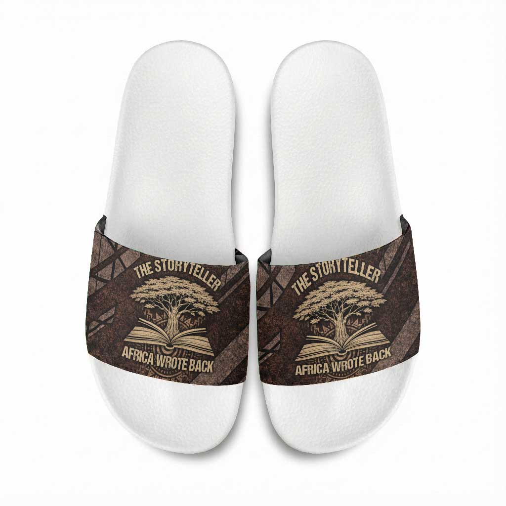 Chinua Achebe Slide Sandals with Tribal Symbol Design, The Storyteller Quote and Africa Wrote Back - Wonder Print Shop
