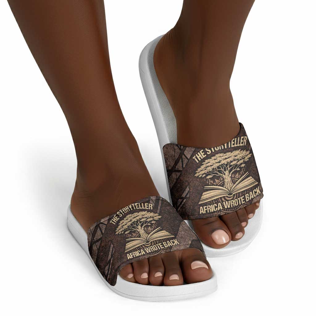 Chinua Achebe Slide Sandals with Tribal Symbol Design, The Storyteller Quote and Africa Wrote Back - Wonder Print Shop
