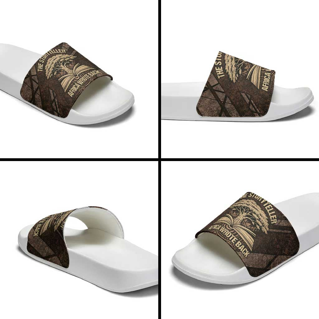 Chinua Achebe Slide Sandals with Tribal Symbol Design, The Storyteller Quote and Africa Wrote Back - Wonder Print Shop