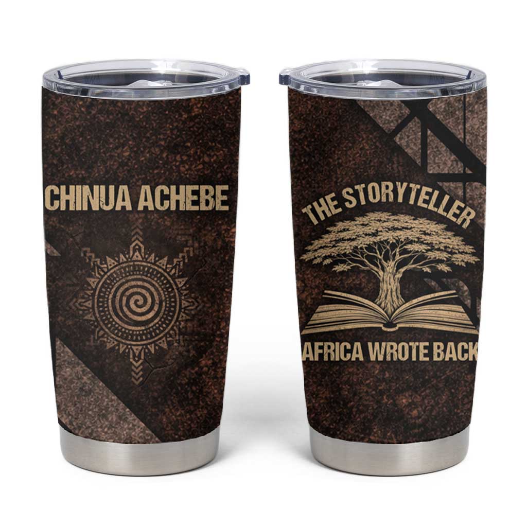 Chinua Achebe Tumbler Cup with Tribal Symbol Design, The Storyteller Quote and Africa Wrote Back - Wonder Print Shop
