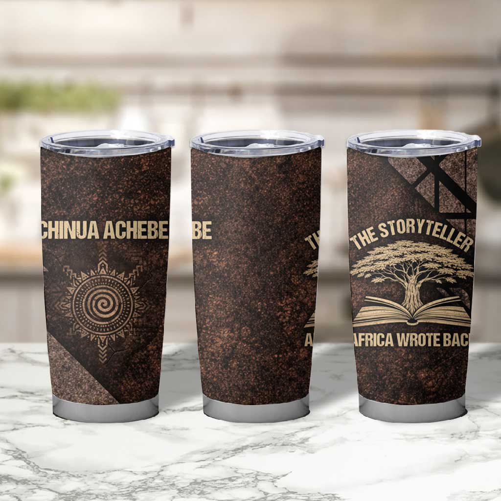 Chinua Achebe Tumbler Cup with Tribal Symbol Design, The Storyteller Quote and Africa Wrote Back - Wonder Print Shop
