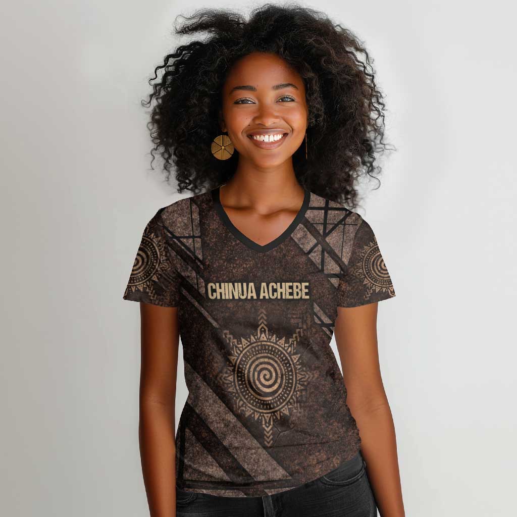 Chinua Achebe Women V-Neck T-Shirt with Tribal Symbol Design, The Storyteller Quote and Africa Wrote Back - Wonder Print Shop