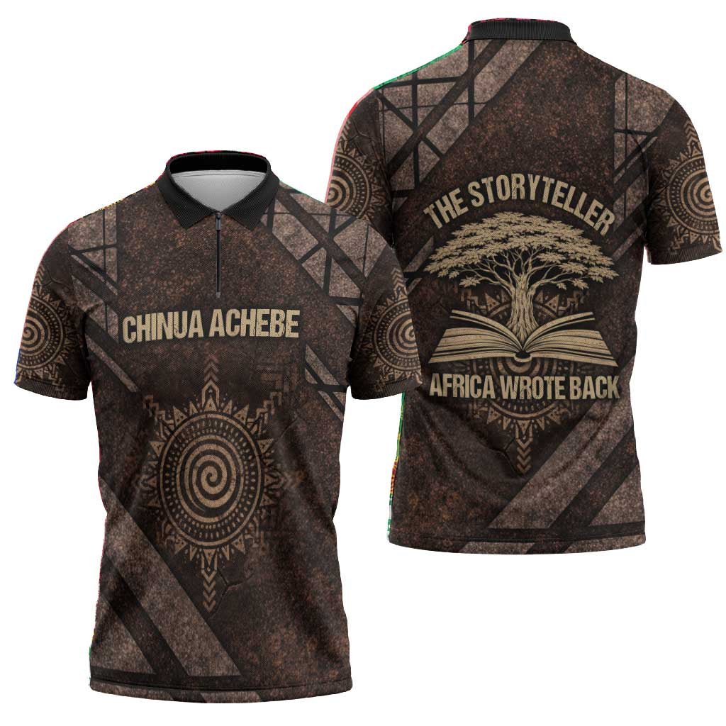 Chinua Achebe Zipper Polo Shirt with Tribal Symbol Design, The Storyteller Quote and Africa Wrote Back - Wonder Print Shop