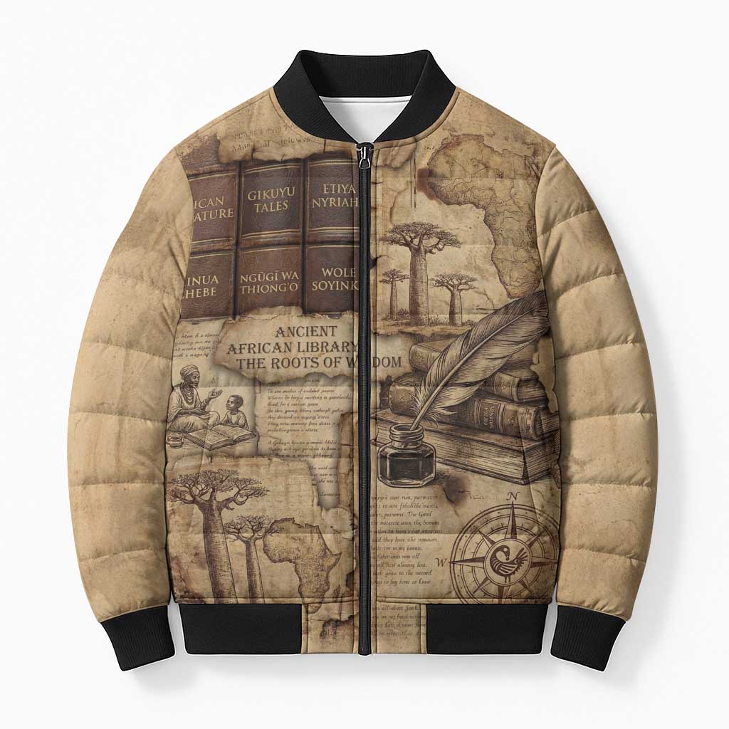 Ngugi wa Thiong O Bomber Puffer Jacket Vintage Map Ancient African Library - Decolonising the Mind - Wonder Print Shop