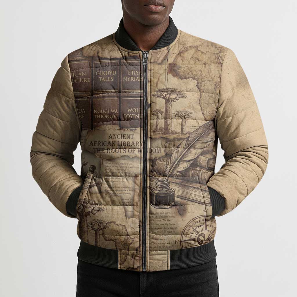 Ngugi wa Thiong O Bomber Puffer Jacket Vintage Map Ancient African Library - Decolonising the Mind - Wonder Print Shop
