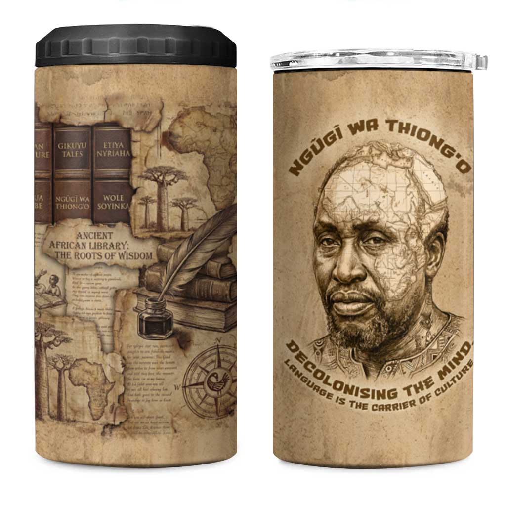 Ngugi wa Thiong O 4 in 1 Can Cooler Tumbler Vintage Map Ancient African Library - Decolonising the Mind - Wonder Print Shop
