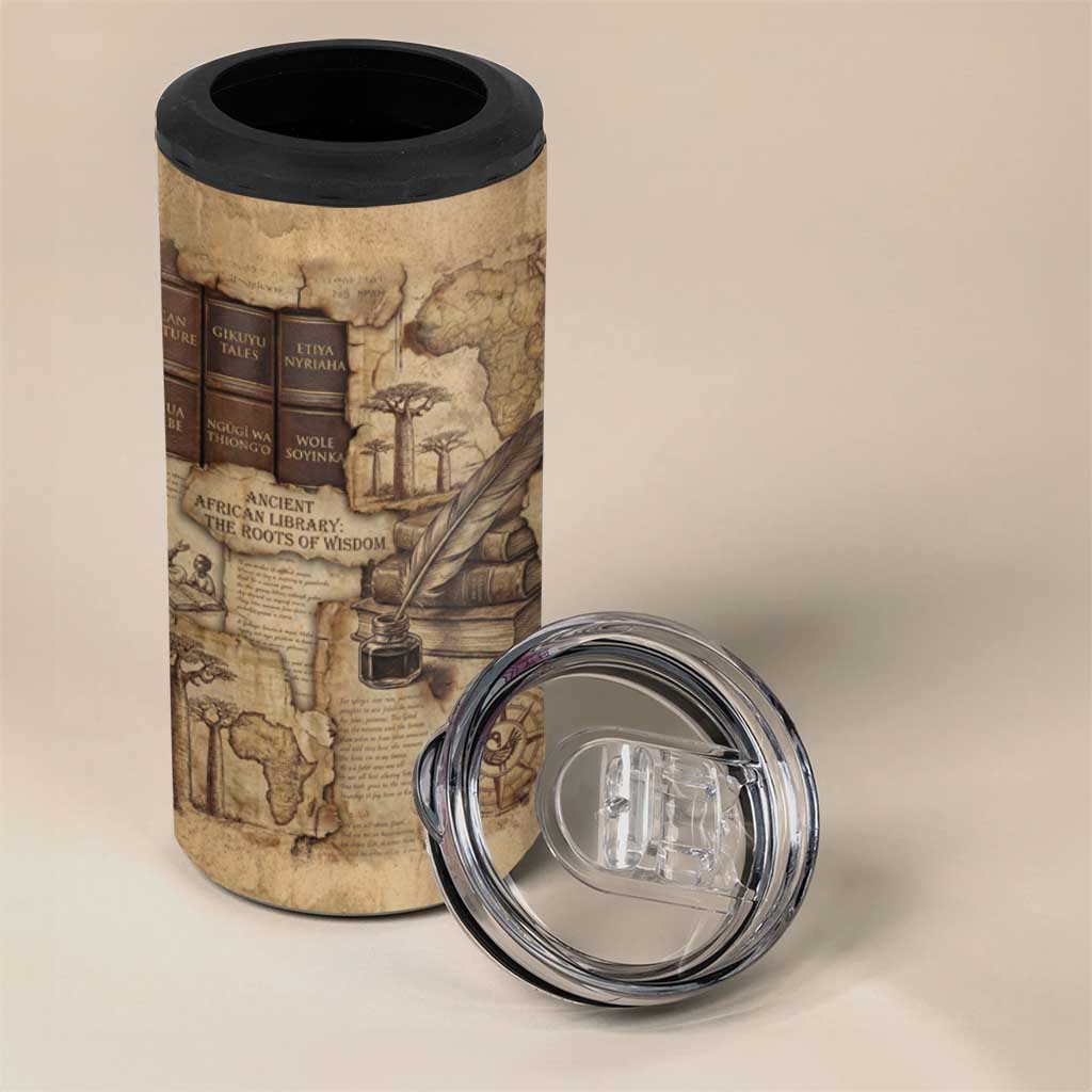 Ngugi wa Thiong O 4 in 1 Can Cooler Tumbler Vintage Map Ancient African Library - Decolonising the Mind - Wonder Print Shop