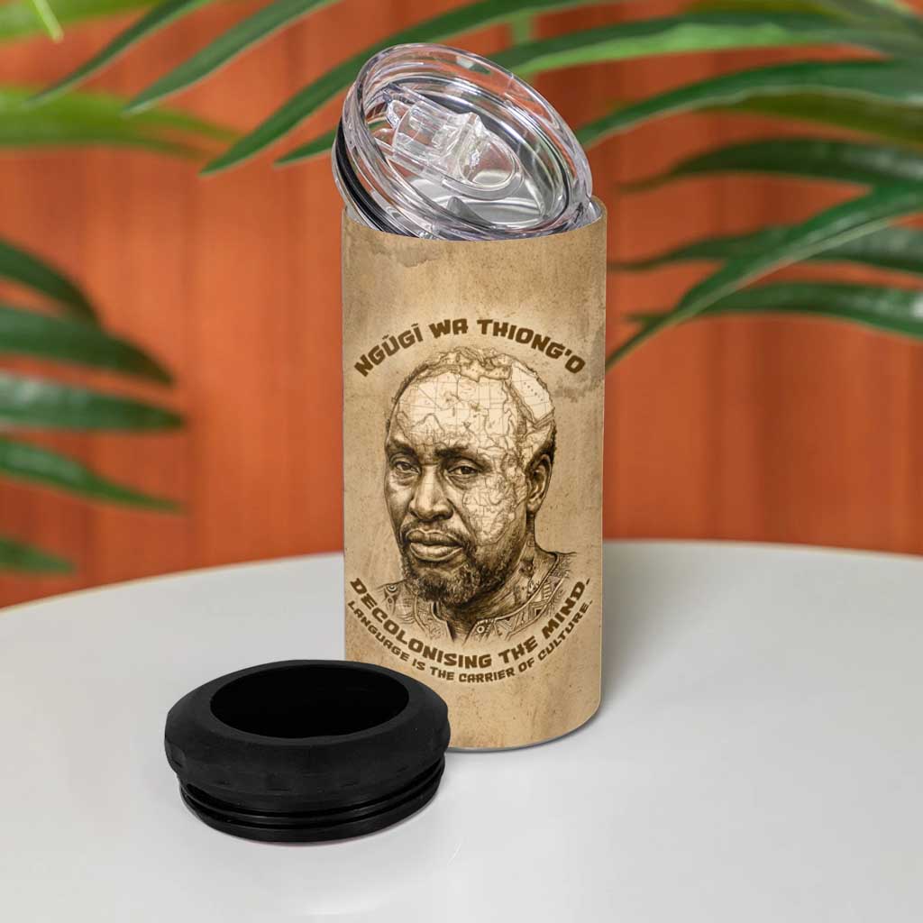 Ngugi wa Thiong O 4 in 1 Can Cooler Tumbler Vintage Map Ancient African Library - Decolonising the Mind - Wonder Print Shop