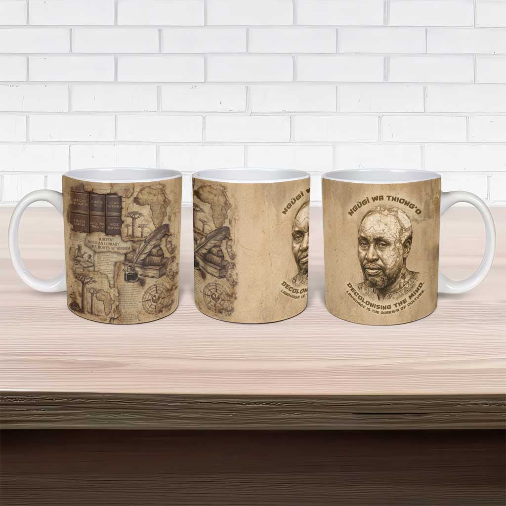 Ngugi wa Thiong O Ceramic Mug Vintage Map Ancient African Library - Decolonising the Mind - Wonder Print Shop