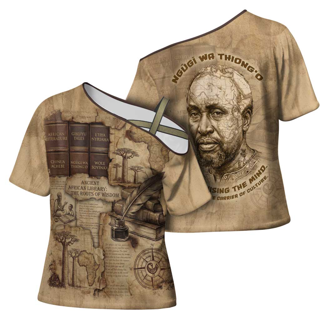Ngugi wa Thiong O Cross Shoulder Shirt Vintage Map Ancient African Library - Decolonising the Mind - Wonder Print Shop