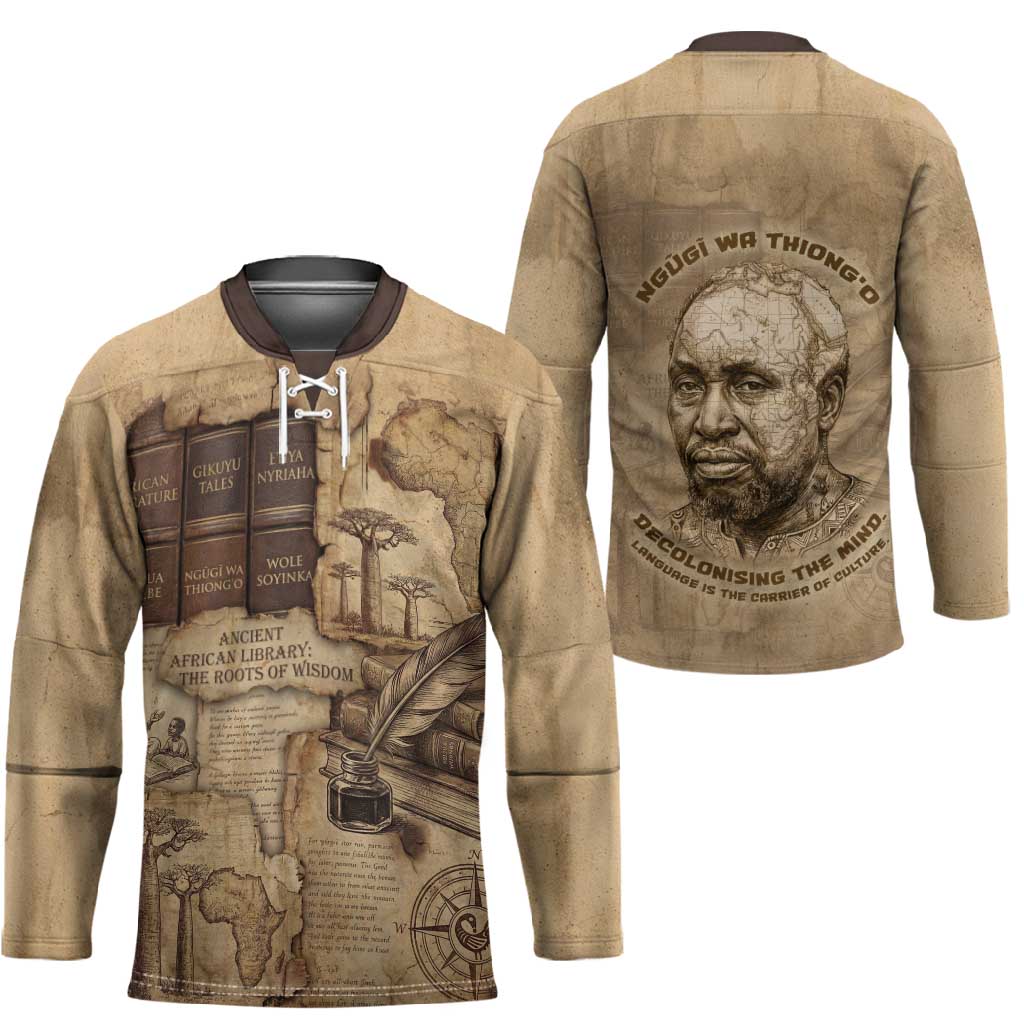 Ngugi wa Thiong O Hockey Jersey Vintage Map Ancient African Library - Decolonising the Mind - Wonder Print Shop