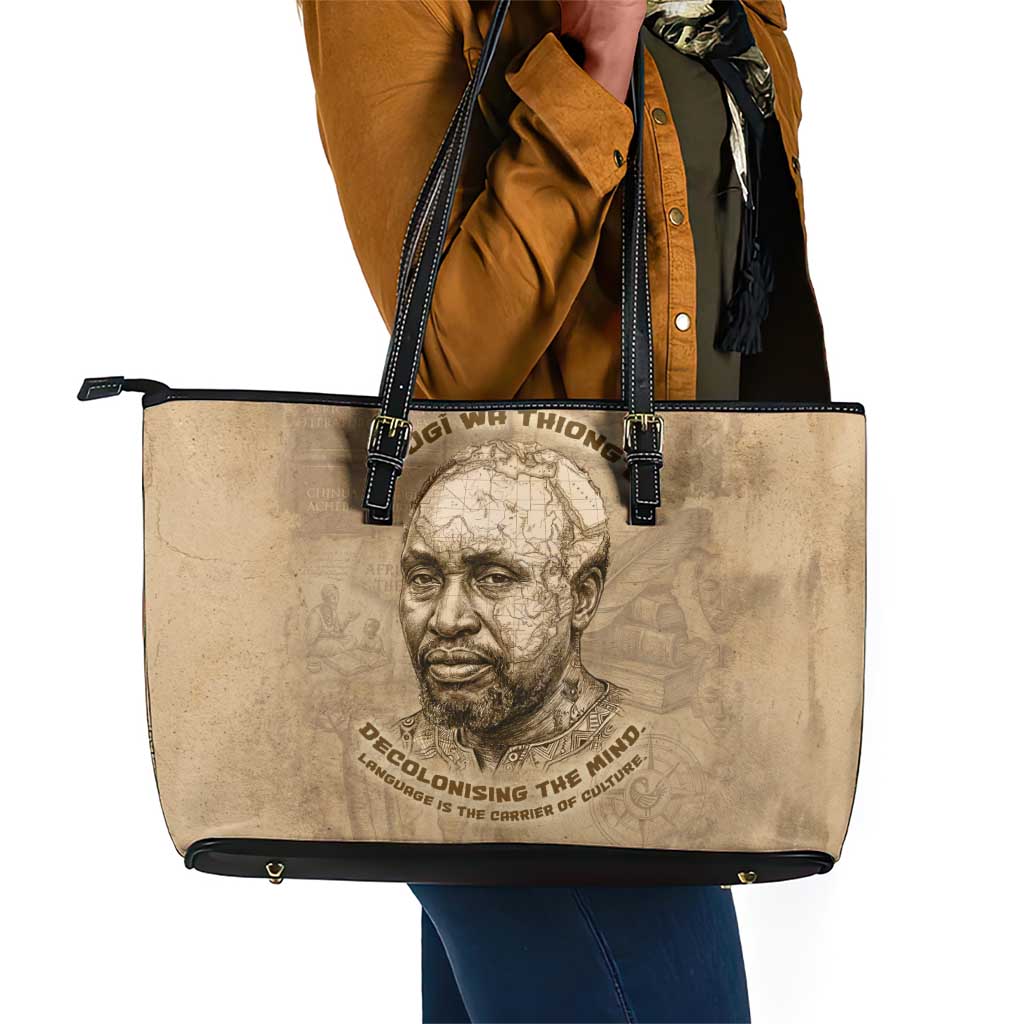 Ngugi wa Thiong O Leather Tote Bag Vintage Map Ancient African Library - Decolonising the Mind - Wonder Print Shop