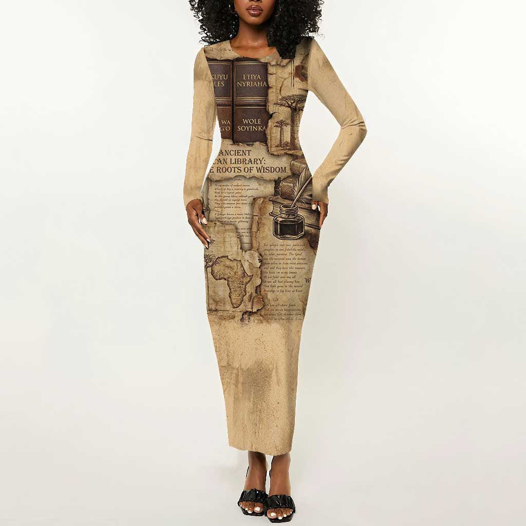 Ngugi wa Thiong O Long Sleeve Bodycon Dress Vintage Map Ancient African Library - Decolonising the Mind - Wonder Print Shop