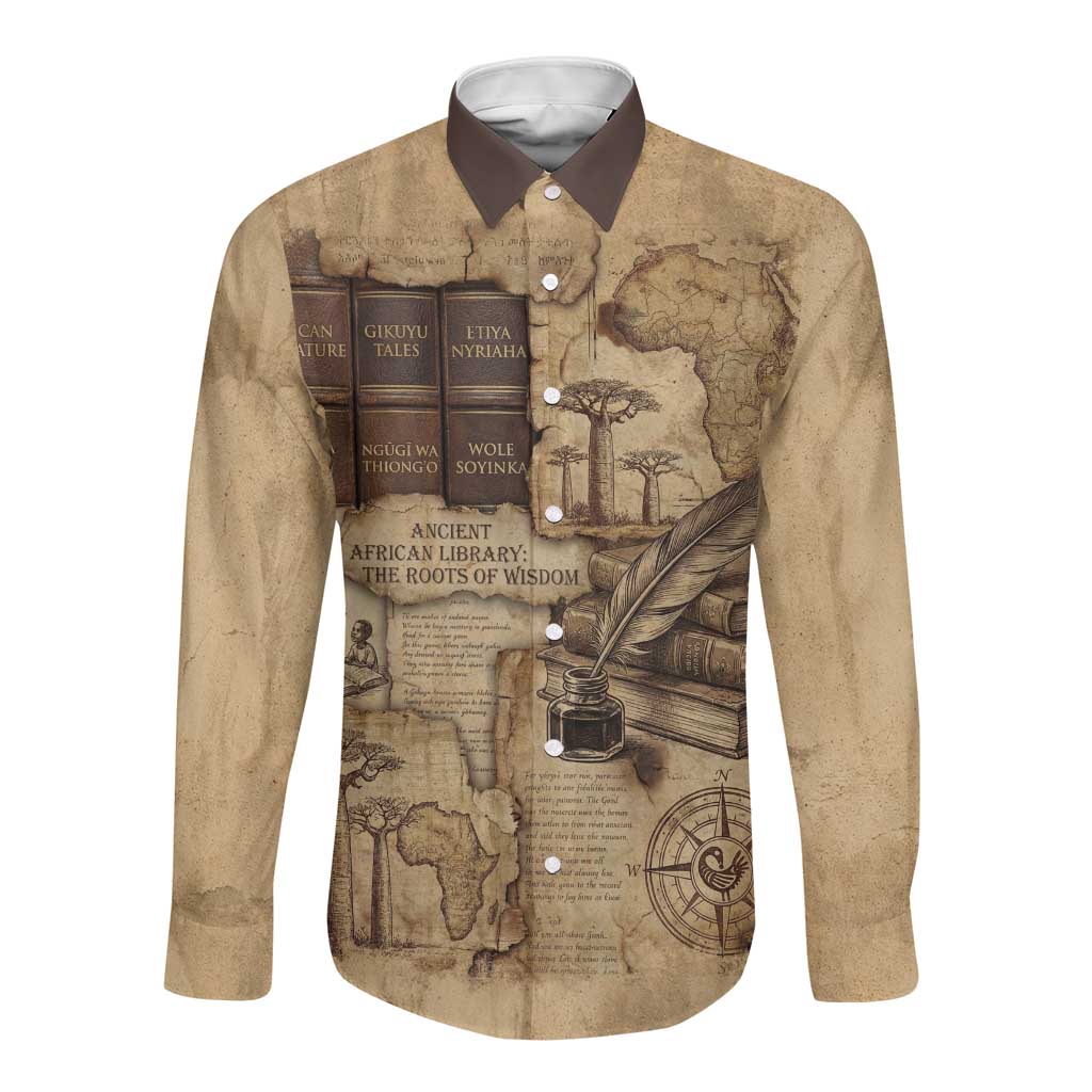 Ngugi wa Thiong O Long Sleeve Button Shirt Vintage Map Ancient African Library - Decolonising the Mind - Wonder Print Shop