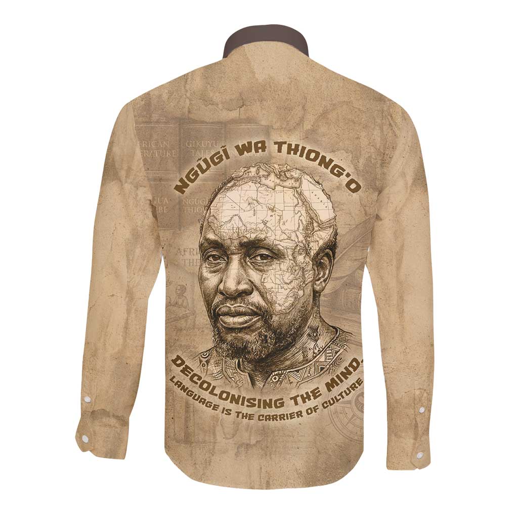 Ngugi wa Thiong O Long Sleeve Button Shirt Vintage Map Ancient African Library - Decolonising the Mind - Wonder Print Shop