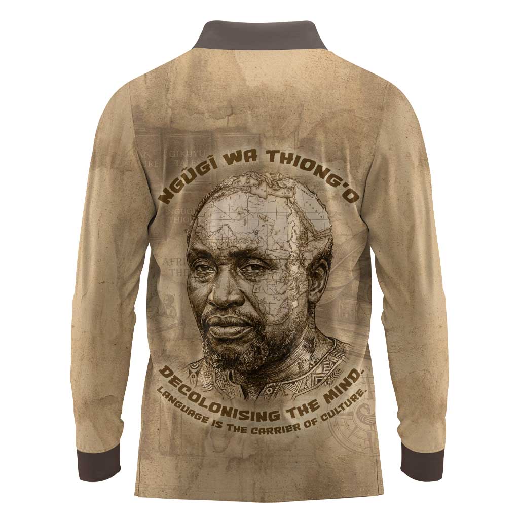 Ngugi wa Thiong O Long Sleeve Polo Shirt Vintage Map Ancient African Library - Decolonising the Mind - Wonder Print Shop